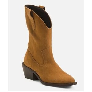 Bianco Suede Western Cowboy Boots Brown Chunky‎ Heel Pointed Toe EU 39 US 8 NEW